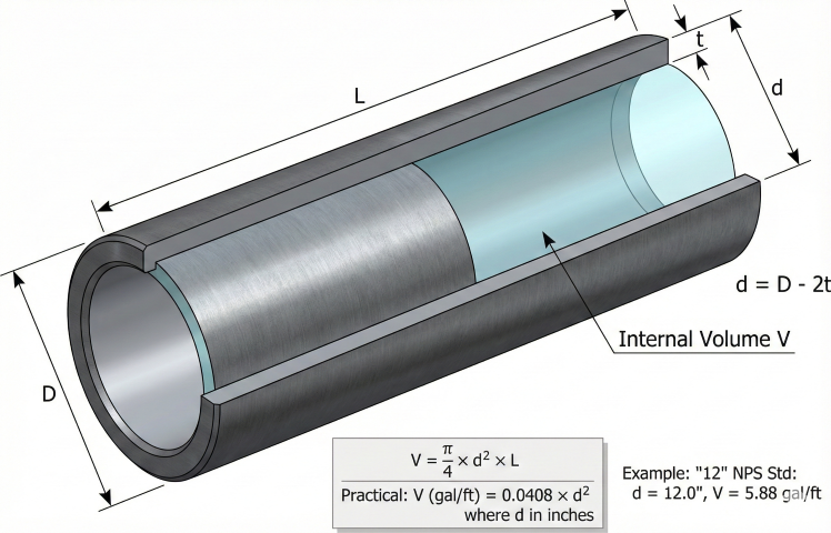3D cutaway of pipe section showing outside diameter D, inside diameter d, wall thickness t, length L, and highlighted internal volume with formula V = π/4 × d² × L