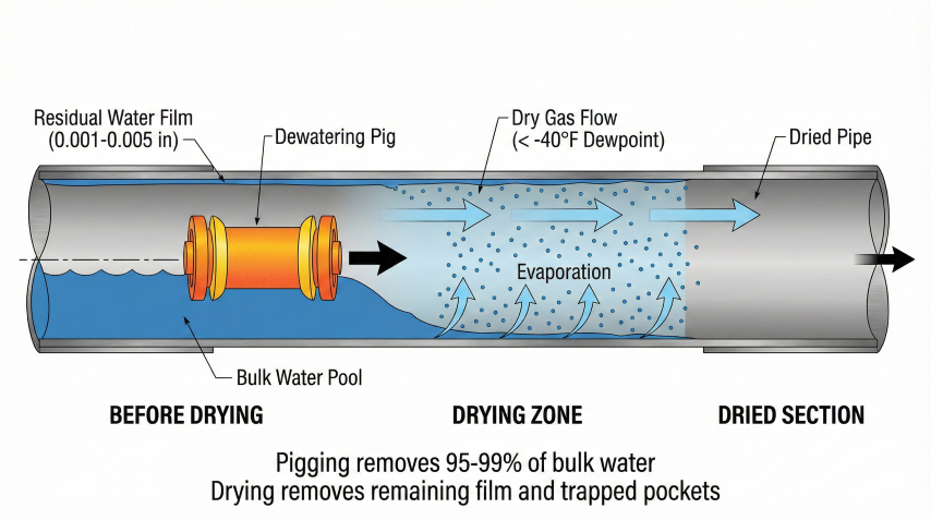 Pipeline drying cross-section showing dewatering pig pushing bulk water, residual water film on pipe walls, dry gas flow direction, and the three stages: before drying, drying zone with evaporation, and dried section