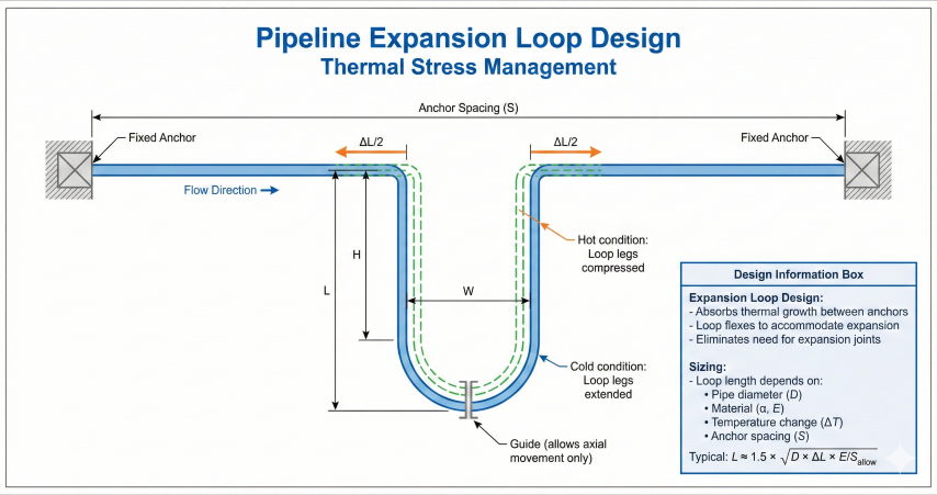 Pipeline expansion loop design plan view showing U-bend configuration between fixed anchors with thermal movement arrows, loop dimensions, guide location, and design information for thermal stress management
