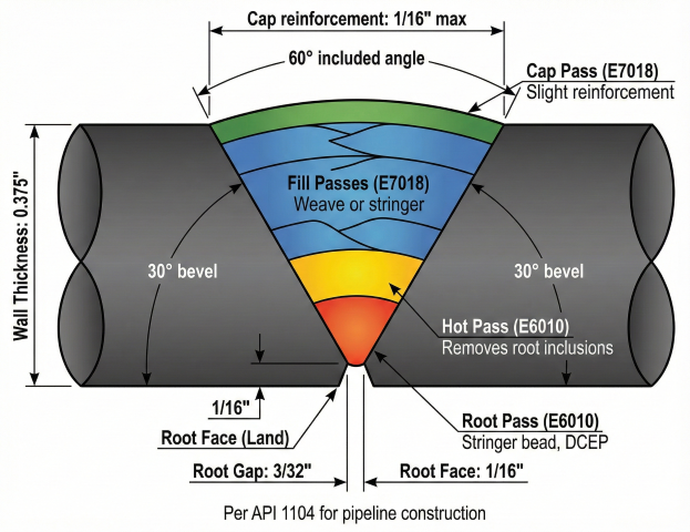 Cross-section of API 1104 pipeline girth weld showing 30° bevels, 1/16 inch root face, 3/32 inch root gap, and color-coded weld passes: root (E6010), hot pass, fill passes, and cap (E7018)