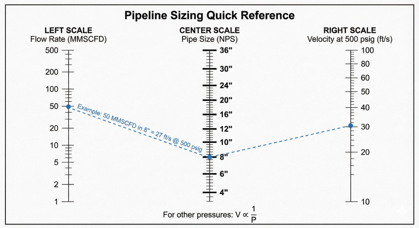 Nomograph with three vertical scales for flow rate, pipe size, and velocity at 500 psig, with example alignment showing 50 MMSCFD in 8 inch pipe equals 27 ft/s