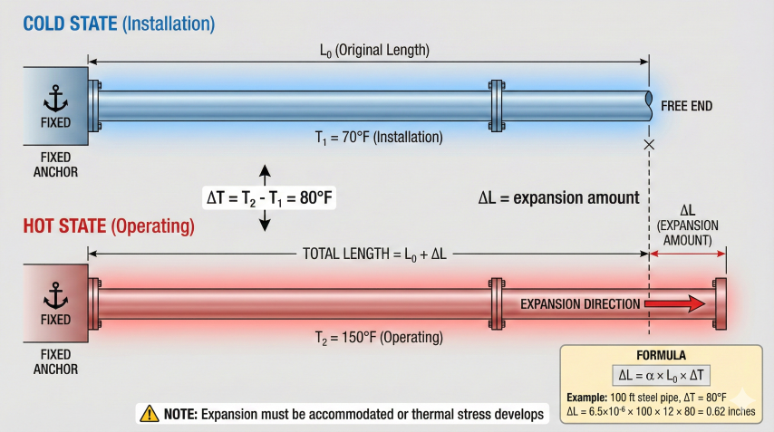 Pipeline thermal expansion showing cold state at installation temperature 70°F and hot operating state at 150°F with expansion amount ΔL labeled and formula