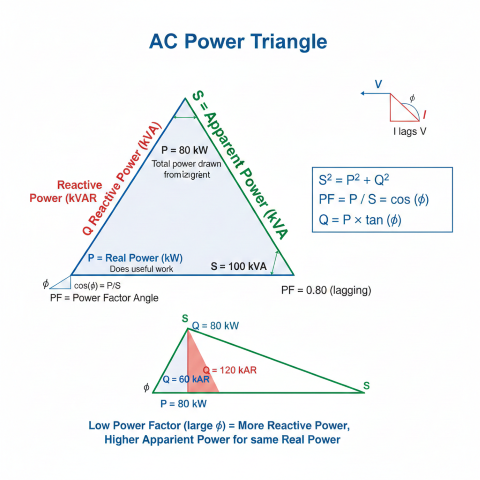 AC power triangle diagram showing right triangle with horizontal leg P equals real power 80 kW in blue doing useful work, vertical leg Q equals reactive power 60 kVAR in red for magnetizing current, hypotenuse S equals apparent power 100 kVA in green as total power drawn, angle phi for power factor angle with PF equals 0.80 lagging, and equations S squared equals P squared plus Q squared