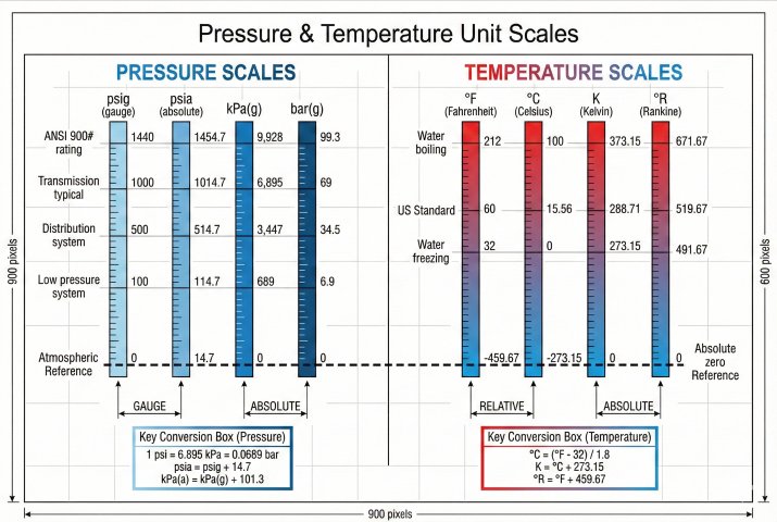 Pressure and temperature scale comparison showing relationships between psig, psia, kPa, bar for pressure and Fahrenheit, Celsius, Kelvin, Rankine for temperature with key reference points