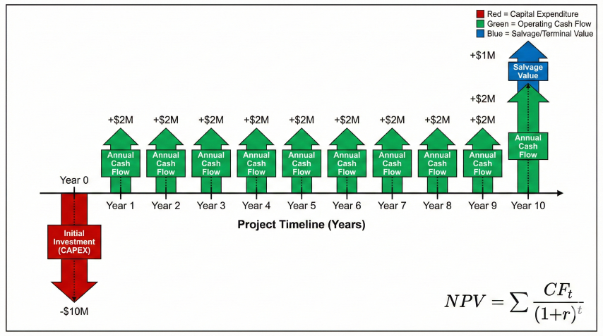 Project cash flow timeline showing Year 0 CAPEX outflow of -$10M in red, Years 1-10 annual operating cash flows of +$2M in green, and final year salvage value of +$1M in blue, with NPV formula displayed