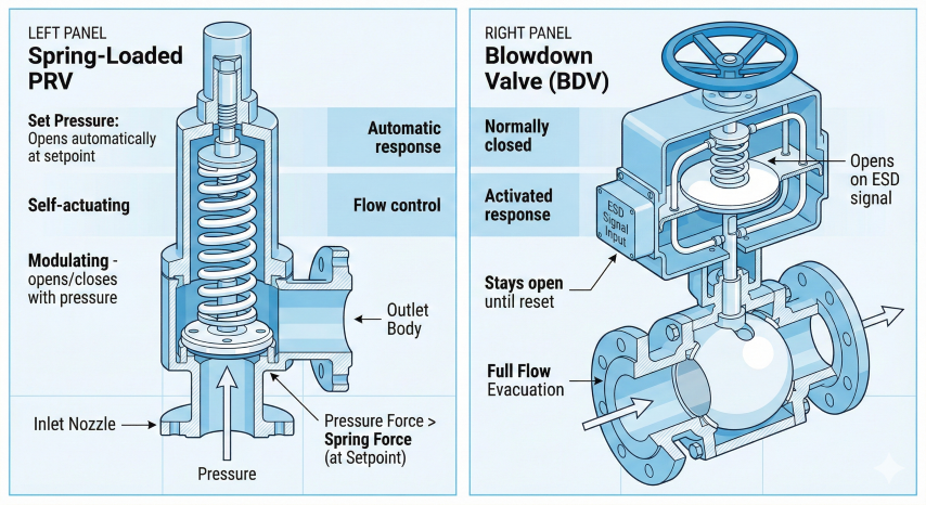 Side-by-side technical illustration comparing spring-loaded pressure relief valve with internal mechanism versus full-bore ball blowdown valve with pneumatic actuator and ESD connection