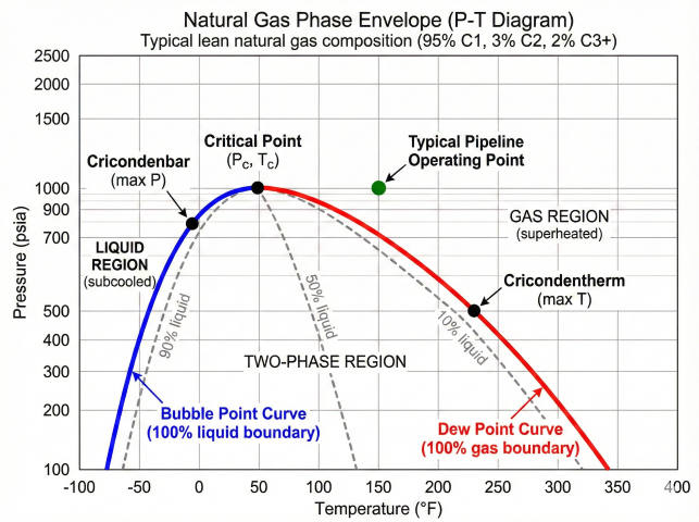 Phase envelope showing retrograde condensation region with bubble point curve (100% liquid boundary), dew point curve (100% gas boundary), critical point, cricondentherm, quality lines showing liquid fraction, and typical pipeline operating point