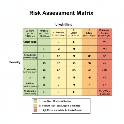 5×5 risk assessment matrix with Likelihood (A-E from Rare to Almost Certain) on X-axis and Severity (1-5 from Negligible to Catastrophic) on Y-axis, color-coded cells showing risk levels: green for Low (L) risk, yellow for Medium (M), orange for High (H), and red for Very High (VH), with legend explaining required actions for each level