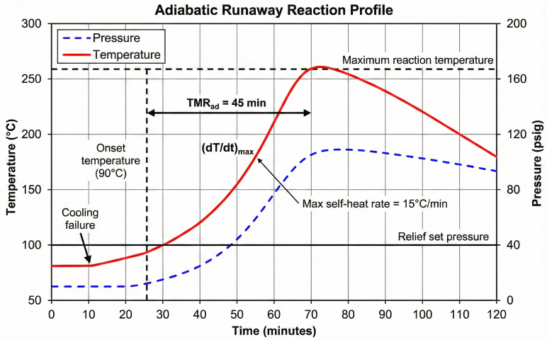 Adiabatic runaway reaction profile graph showing temperature (red solid line, 50-300°C) and pressure (blue dashed line, 0-200 psig) versus time (0-120 minutes), with annotations for cooling failure event, onset temperature at 90°C, TMRad=45 min to maximum reaction temperature, maximum self-heat rate of 15°C/min at steepest slope, and relief set pressure at 50 psig