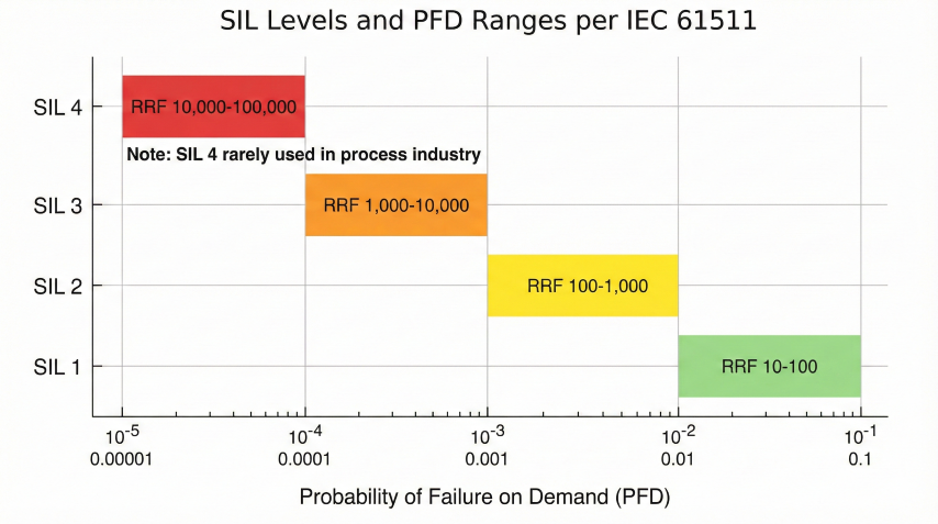 Horizontal bar chart showing Safety Integrity Level ranges per IEC 61511: SIL 1 (green, PFD 0.1-0.01, RRF 10-100), SIL 2 (yellow, PFD 0.01-0.001, RRF 100-1000), SIL 3 (orange, PFD 0.001-0.0001, RRF 1000-10000), SIL 4 (red, PFD 0.0001-0.00001, RRF 10000-100000) with note that SIL 4 is rarely used in process industry