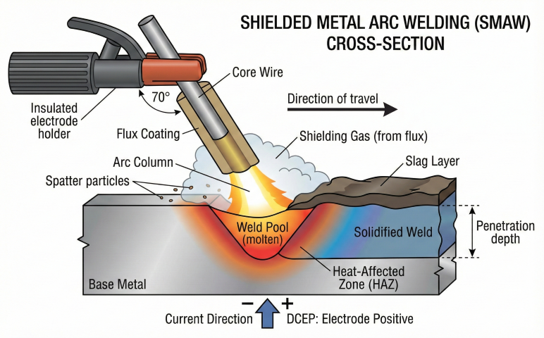 Cross-section of SMAW welding process showing electrode at 70° angle with core wire, flux coating, arc column, shielding gas envelope, weld pool, slag layer, HAZ, and DCEP current direction