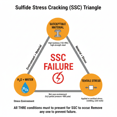 Sulfide Stress Cracking (SSC) triangle diagram showing three conditions required for failure: susceptible material with high hardness greater than 22 HRC at top, H2S plus water wet sour environment at bottom left, and tensile stress from applied or residual sources at bottom right, with SSC Failure in center indicating all three must be present