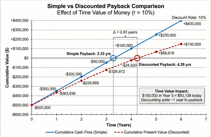 Comparison chart of simple payback (3.33 years) versus discounted payback (4.26 years) at 10% discount rate, showing cumulative cash flow and cumulative present value curves with time value impact annotation