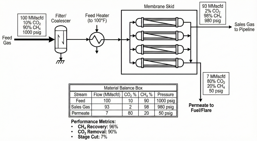 Process flow diagram for single-stage membrane CO₂ removal: feed gas 100 MMscfd at 10% CO₂ through filter/coalescer and feed heater to membrane skid, producing 93 MMscfd sales gas at 2% CO₂ and 7 MMscfd permeate at 80% CO₂. Material balance box and performance metrics shown