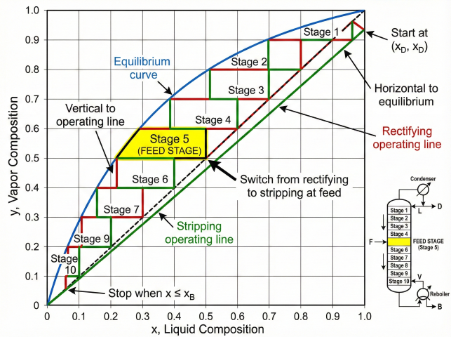 McCabe-Thiele stage step-off method showing stages 1-10 with horizontal steps to equilibrium curve and vertical steps to operating line, Stage 5 highlighted as feed stage in yellow, with column schematic inset