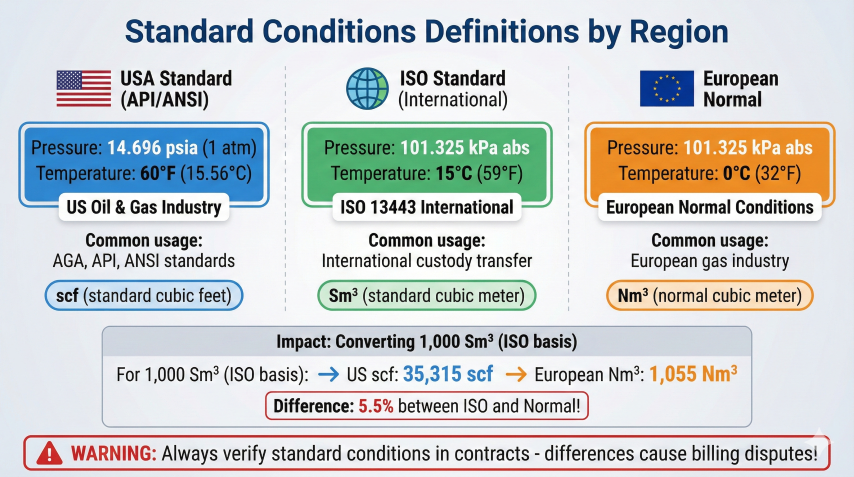 Comparison of gas standard conditions by region showing US API/ANSI (14.696 psia, 60°F), ISO International (101.325 kPa, 15°C), and European Normal (101.325 kPa, 0°C) with 5.5% volume difference between ISO and Normal bases