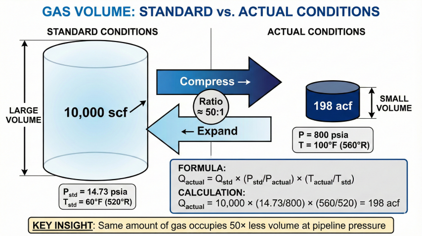 Visual comparison of gas volume at standard conditions (10,000 scf at 14.73 psia, 60°F) versus actual conditions (198 acf at 800 psia, 100°F) showing 50:1 compression ratio with conversion formula