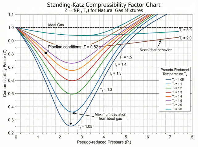 Standing-Katz compressibility factor chart showing Z versus pseudo-reduced pressure P_r from 0 to 8 with curves for pseudo-reduced temperatures T_r from 1.05 to 3.0, ideal gas line at Z=1.0, and annotations showing maximum deviation from ideal gas and pipeline conditions