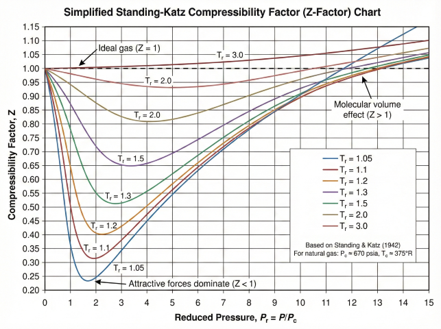 Standing-Katz compressibility factor chart showing Z vs reduced pressure (0-15) with isotherms for reduced temperatures Tr=1.05 to 3.0, characteristic dip at moderate pressures where attractive forces dominate and recovery at high pressures