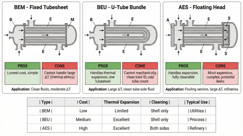 Three-panel comparison of TEMA heat exchanger configurations: BEM fixed tubesheet (lowest cost, limited thermal expansion), BEU U-tube bundle (handles expansion, one tubesheet), and AES floating head (handles expansion, fully cleanable, most expensive), with pros, cons, and applications for each