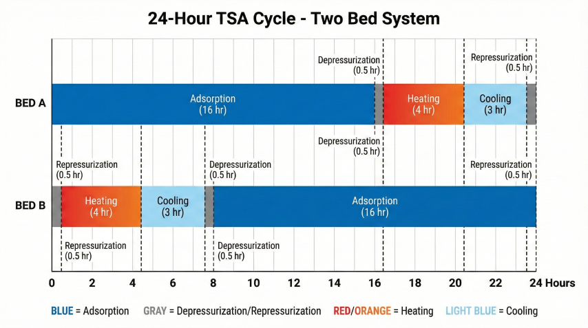 Gantt chart showing 24-hour TSA cycle timing for two-bed molecular sieve system with adsorption, depressurization, heating, cooling, and repressurization phases