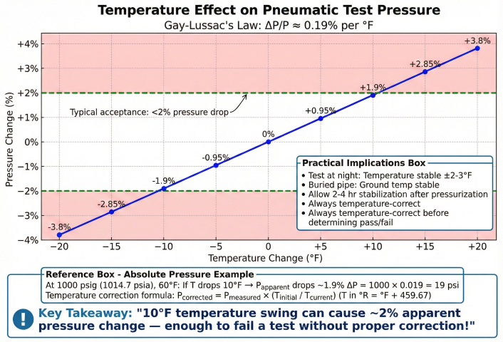 Chart showing temperature effect on pneumatic test pressure per Gay-Lussac's Law with approximately 0.20 percent pressure change per degree Fahrenheit and acceptance criteria lines
