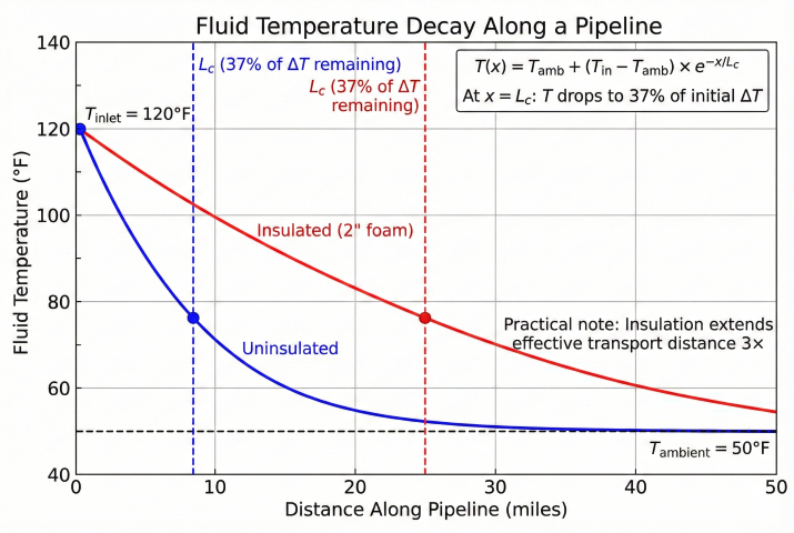 Graph showing exponential temperature decay along pipeline for insulated and uninsulated cases, with characteristic length L_c marked where temperature drop reaches 37% of initial difference