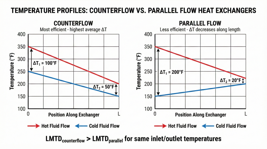 Side-by-side temperature profile graphs comparing counterflow (most efficient, highest average ΔT) and parallel flow (less efficient, ΔT decreases along length) heat exchangers, showing hot and cold fluid temperature curves with ΔT annotations and LMTD comparison