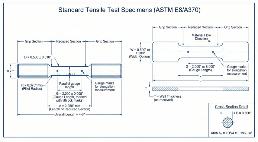 Standard tensile test specimen dimensions per ASTM E8/A370 showing round specimen with 0.500 inch diameter and 2.000 inch gauge length, and flat specimen from pipe body with labeled dimensions including reduced section, grip sections, fillet radius, and gauge marks