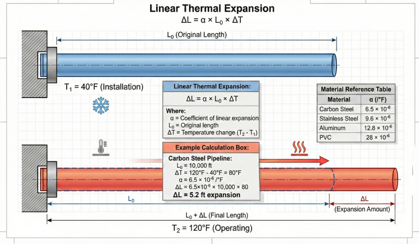 Linear thermal expansion diagram showing pipe segment at cold installation temperature T1=40°F with original length L0, and at hot operating temperature T2=120°F with expanded length L0+ΔL, including formula ΔL = α × L₀ × ΔT and material expansion coefficients table