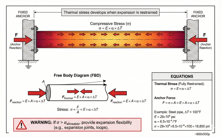 Fully restrained pipe showing compressive thermal stress σ=E×α×ΔT, anchor reaction forces F at both ends, free body diagram, and example calculation showing 18,850 psi for 100°F rise