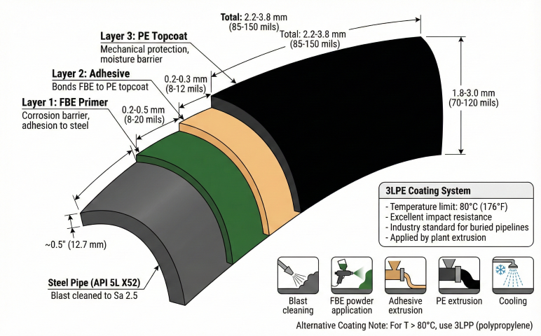 Cross-section diagram of 3-layer polyethylene 3LPE pipeline coating system showing curved pipe wall section with four distinct layers from inside to outside: steel pipe API 5L X52 blast cleaned to Sa 2.5, Layer 1 FBE primer 0.2-0.5mm dark green providing corrosion barrier and adhesion to steel, Layer 2 copolymer adhesive 0.2-0.3mm light orange bonding FBE to PE topcoat, Layer 3 PE topcoat 1.8-3.0mm black providing mechanical protection and moisture barrier, total coating thickness 2.2-3.8mm (85-150 mils), callout box showing temperature limit 80°C and application steps, note for T>80°C use 3LPP polypropylene