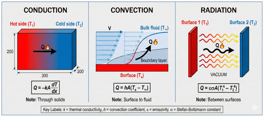 Three panels showing heat transfer modes: conduction through solid with temperature gradient, convection from surface to fluid with boundary layer, and radiation between surfaces with wavy arrows and equations