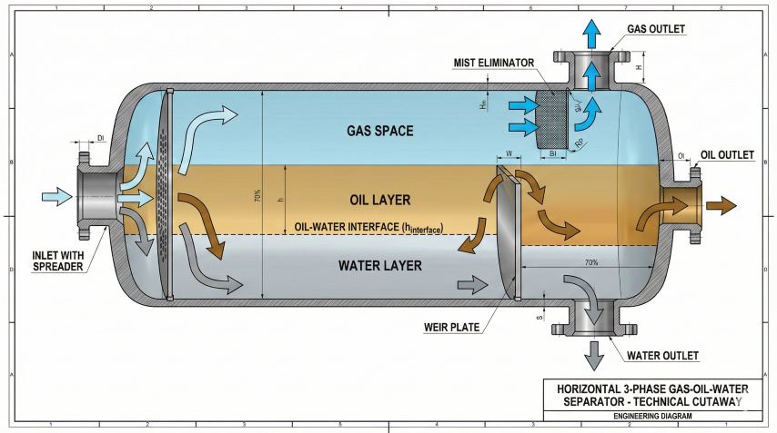 Cutaway diagram of horizontal 3-phase gas-oil-water separator showing gas space at top, oil layer in middle, water layer at bottom, weir plate separating collection sections, oil-water interface level, inlet with spreader, mist eliminator, and separate gas, oil, and water outlets