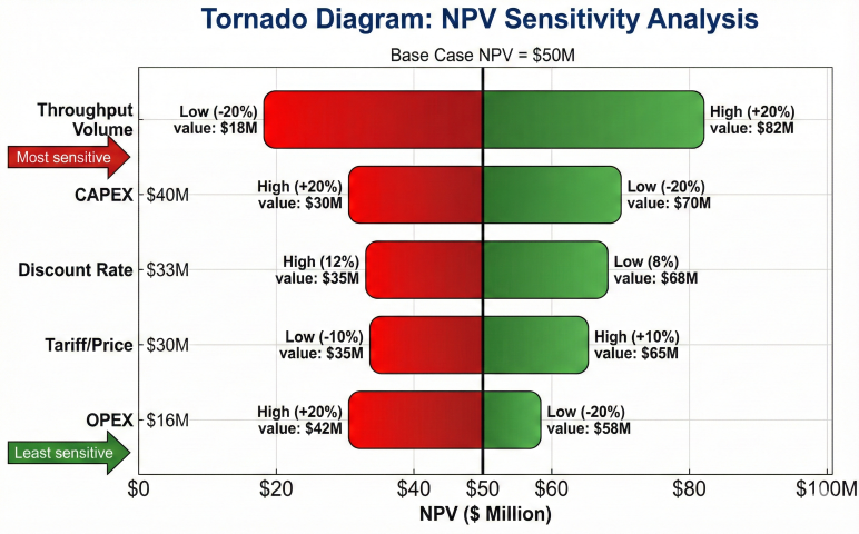 Tornado sensitivity diagram for NPV analysis showing variables ranked by impact with throughput volume most sensitive at top, followed by CAPEX, discount rate, tariff/price, and OPEX least sensitive, with bars extending from base case NPV of $50M showing low and high scenario impacts