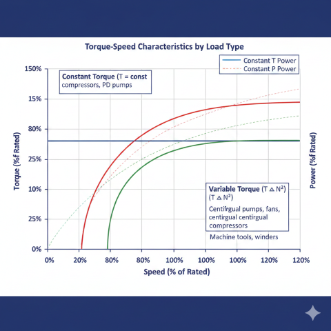 Torque-speed characteristics chart showing three load types: blue constant torque curve for reciprocating compressors and PD pumps, red variable torque parabolic curve proportional to N squared for centrifugal equipment, and green constant power hyperbolic curve for machine tools and winders, with power curves on secondary axis