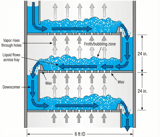 Cutaway cross-section of distillation tray column showing three horizontal trays with 24-inch spacing in 6 ft ID column, vapor flow arrows rising through perforations and bubbling through liquid creating froth zones, liquid flow arrows moving horizontally across trays and down through alternating downcomers, labeled components including tray deck, outlet weir, inlet weir, seal pan, and active bubbling area with froth