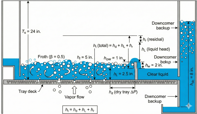 Side view cross-section of distillation tray hydraulic profile showing dimension labels for weir height hw=2 inches, height over weir how=1 inch, clear liquid height hL=2.5 inches, froth height hf=5 inches with aeration factor beta=0.5, downcomer backup hdc=8 inches, tray spacing Ts=24 inches, pressure drop components hd dry tray plus hL liquid head plus hr residual equals ht total, vapor bubbles rising through perforations, clear liquid in downcomer