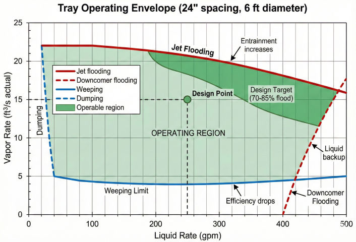Tray operating envelope diagram for 24-inch spacing 6 ft diameter column showing vapor rate (0-25 ft3/s) versus liquid rate (0-500 gpm) with boundary lines for jet entrainment flooding (red solid top), downcomer flooding (red dashed right), weeping limit (blue solid bottom), dumping limit (blue dashed left), green shaded operating region, darker green 70-85% flood design target zone, design point marked at 250 gpm and 15 ft3/s with annotations for entrainment increases, efficiency drops, and liquid backup