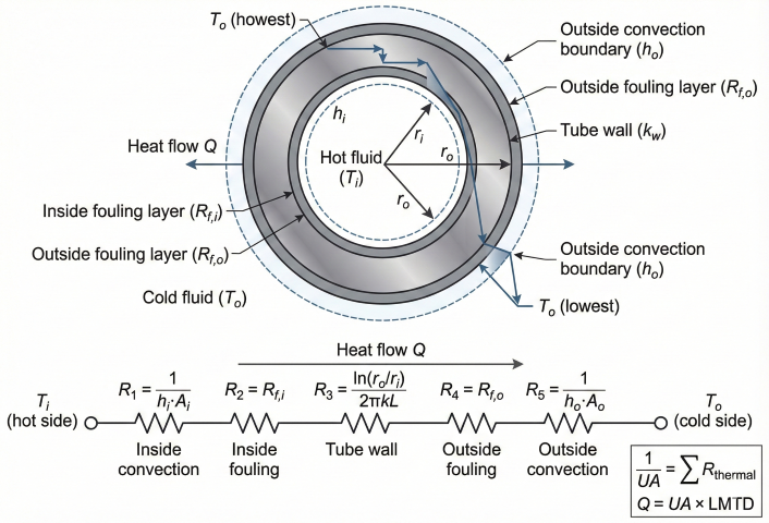 Tube cross-section showing thermal resistance layers from hot fluid through convection, fouling, wall, fouling, to cold fluid, with electrical circuit analogy showing resistors in series