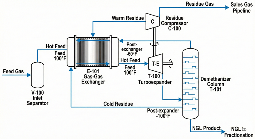 Process flow diagram of turboexpander NGL recovery plant showing inlet separator V-100, gas-gas exchanger E-101 with temperature annotations (100°F feed, -60°F post-exchanger, -100°F post-expander), turboexpander T-100, demethanizer column T-101, and residue compressor C-100 with work recovery shaft connection