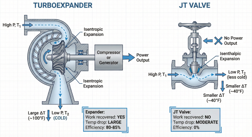 Side-by-side schematic comparing turboexpander with radial turbine wheel and shaft power output versus JT throttling valve with no work recovery, showing different temperature drops