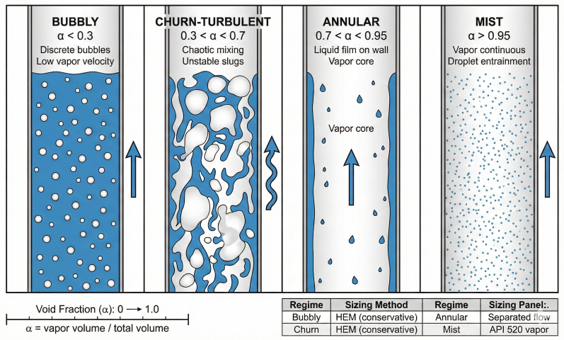 Four-panel diagram showing two-phase flow regimes in vertical relief vent pipes: Bubbly flow (α<0.3) with discrete bubbles and low vapor velocity using HEM sizing; Churn-turbulent (0.3<α<0.7) with chaotic mixing and unstable slugs using HEM conservative sizing; Annular (0.7<α<0.95) with liquid film on wall and vapor core using separated flow model; Mist flow (α>0.95) with vapor continuous and droplet entrainment using API 520 vapor sizing; void fraction scale from 0 to 1.0