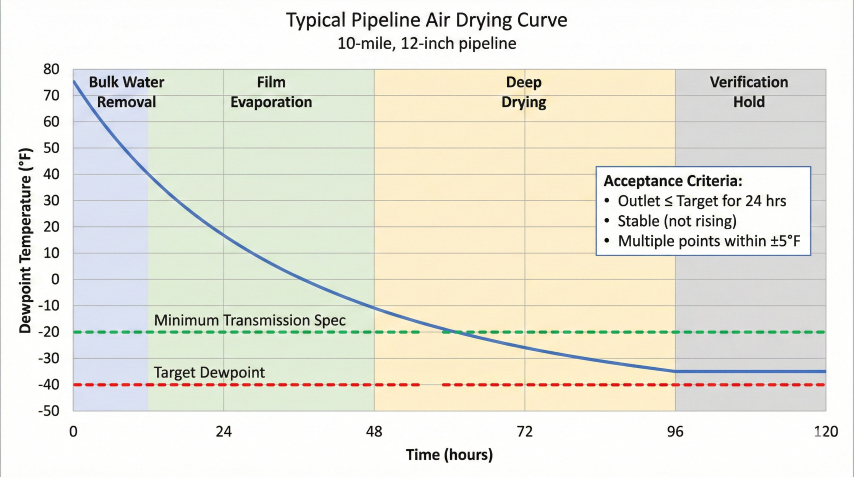 Typical pipeline air drying curve for 10-mile 12-inch pipeline showing outlet dewpoint temperature declining from +75°F to -40°F over 120 hours, with four phases: bulk water removal, film evaporation, deep drying, and verification hold