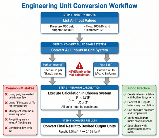 Engineering unit conversion workflow flowchart showing four steps: identify inputs, convert all to single system, perform calculation, convert results, with common mistakes highlighted