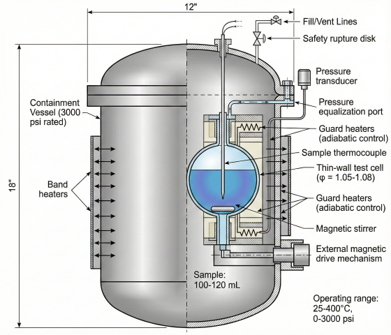 Cross-section schematic of VSP2 adiabatic calorimeter showing 3000 psi rated containment vessel 12 inches diameter by 18 inches tall, thin-wall spherical test cell with phi factor 1.05-1.08 containing 100-120 mL sample, band heaters on vessel wall, guard heaters above and below test cell for adiabatic control, sample thermocouple, pressure transducer, pressure equalization port, magnetic stirrer with external drive, fill/vent lines with safety rupture disk, operating range 25-400°C and 0-3000 psi