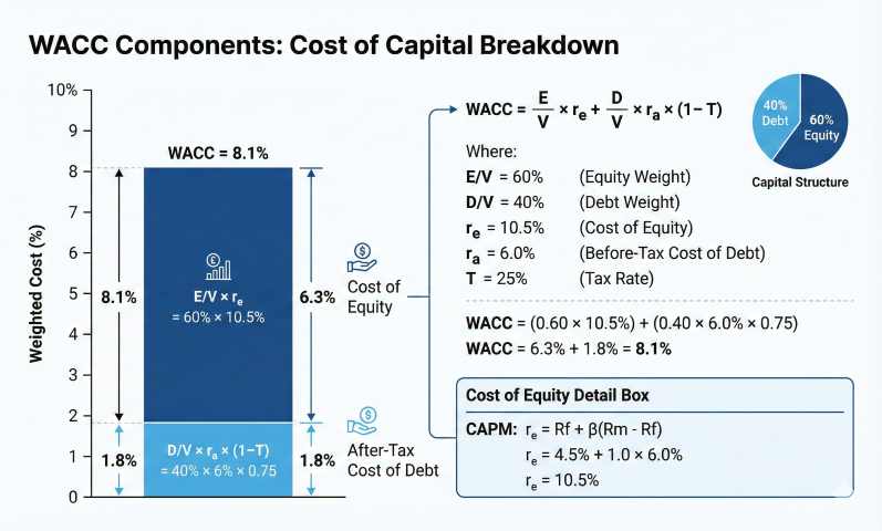 WACC components diagram showing stacked bar with cost of equity (6.3%) and after-tax cost of debt (1.8%) summing to 8.1% WACC, capital structure pie chart showing 60% equity and 40% debt, CAPM formula for cost of equity calculation
