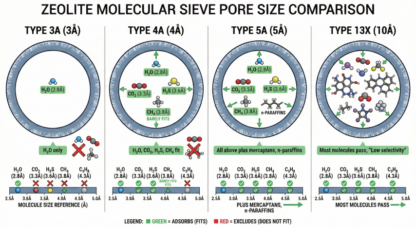 Comparison diagram of zeolite pore sizes showing Type 3A (3Å), 4A (4Å), 5A (5Å), and 13X (10Å) with molecular size references for water, CO₂, H₂S, and hydrocarbons
