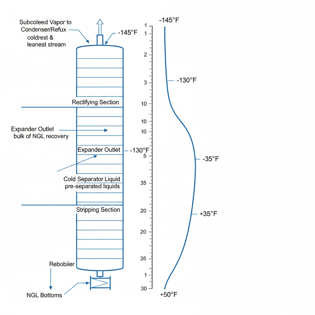 Demethanizer column cross-section for GSP process showing three feed locations: subcooled reflux entering at top as coldest stream, turboexpander outlet entering mid-column, and cold separator liquid entering lower mid-column, with temperature profile from -145°F at top to +50°F at bottom