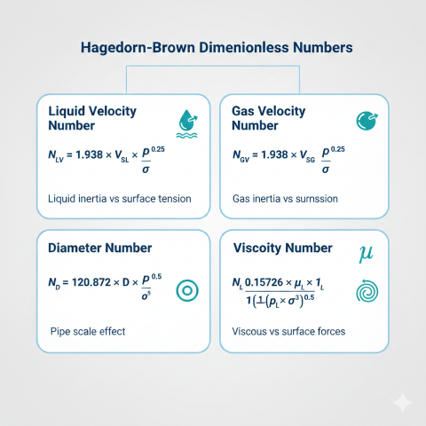 Hagedorn-Brown dimensionless numbers diagram showing four boxes explaining N-LV liquid velocity number representing liquid inertia versus surface tension, N-GV gas velocity number, N-D diameter number for pipe scale effect, and N-L viscosity number for viscous versus surface forces with formulas
